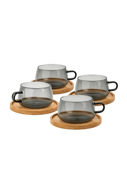 Set de 4 pahare de ceai cu farfurioară din bambus, colecția Olea, sticlă, gri transparent, 280 ml