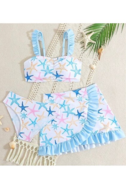 Girl's Sea Star Patterned Baby Blue Stylish Ruffled Skirt Three-Piece Bikini Set