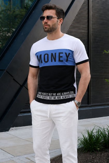 Color Blocked Text Detailed White T-Shirt 3077
