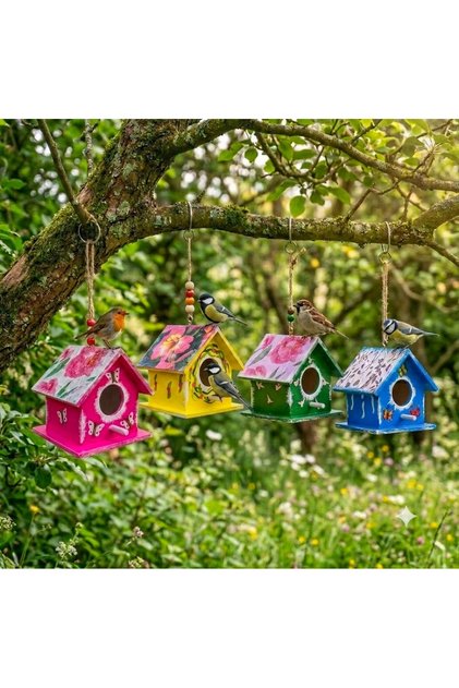 12×12×12cm, 4 Pieces, Handmade Bird House, Bird Nest for Garden Decoration