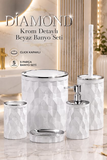 Hgy Home Krom Detaylı Kırık Beyaz Diamond 5'li Banyo Seti