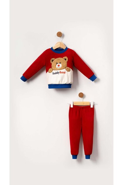 Baby Boys & Kids Fleece Winter Bottom Top Set with Teddy Bear Image-Red