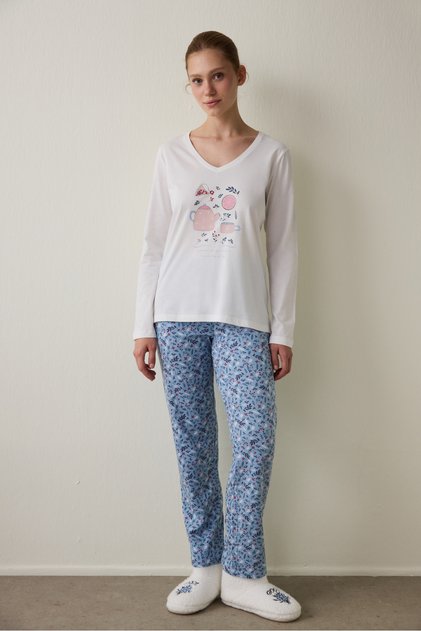 Cup of Tea Patterned V-Neck Cotton Long Sleeve Pajama Set