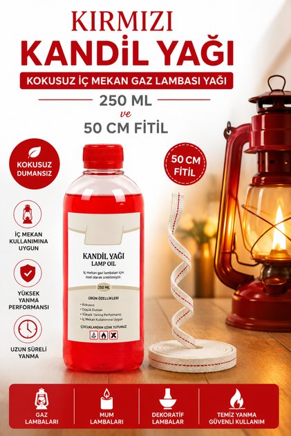 Kırmızı Kandil Yağı, Kokusuz Iç Mekan Gaz Lambası Yağı, 250 Ml Ve 50 Cm Fitil
