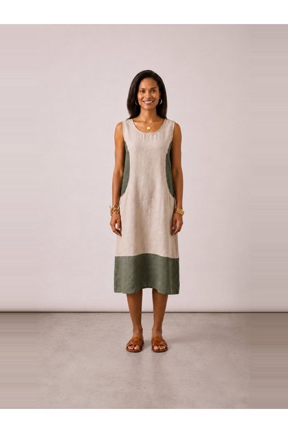 Beige Khaki Combination Modal Fabric Dress with Pockets