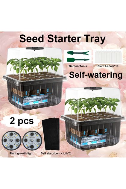 black 2 Sets Automatic Watering Seedling Trays With Grow Lights, Seed Starter Kit With Adjustable Hu