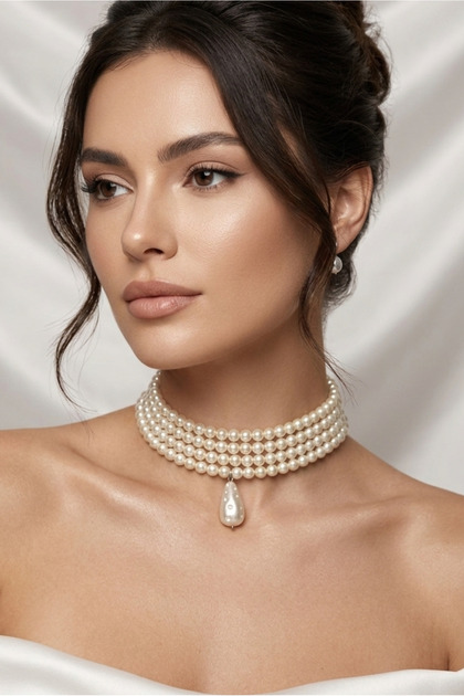 Cam İncili Tasma Kolye, Choker Kolye,Tasarım Kolye, Şık Kolye, Kolye, İnci Set Kolye