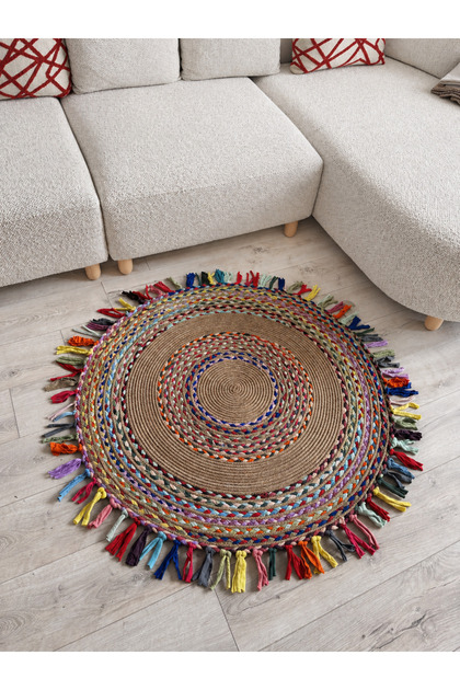 Şölen Etnik El Örgüsü Jüt Halat Kilim Renkli Yuvarlak Otantik Kilim, Dekoratif Doğal Hasır Görünümlü