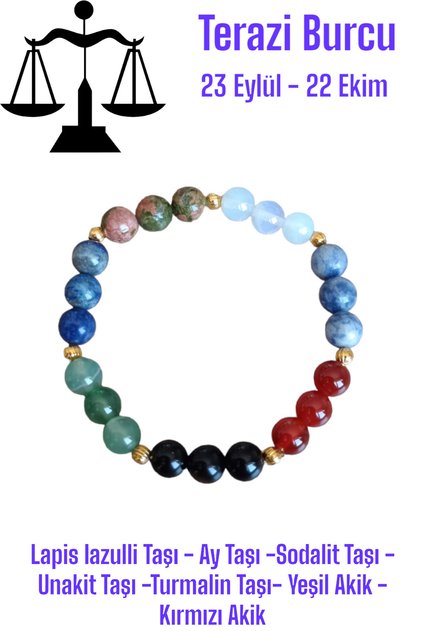 Libra Zodiac Bracelet Lapis Lazuli, Moonstone, Sodalite, Unakite, Red Green Agate, Tourmaline Stone
