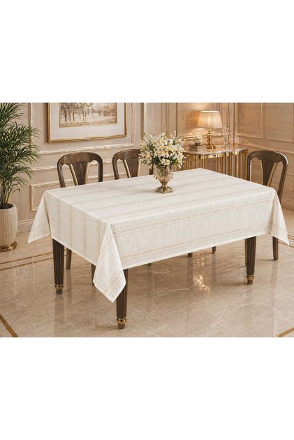 Garli̇ne Tablecloth Without Flowers Stain-Proof Linen Effect with Gold Glitter Detail