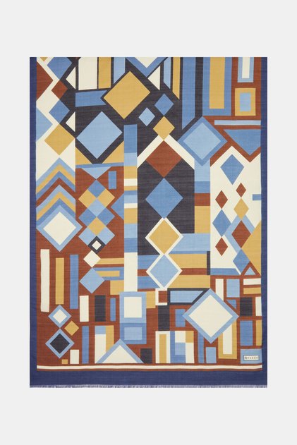 KOYU MAVİ GEOMETRİK DESENLİ PAMUK/İPEK ŞAL