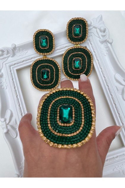 Special Design Handmade Emerald Green Gold Detailed Evening Dress Ring Earring Set
