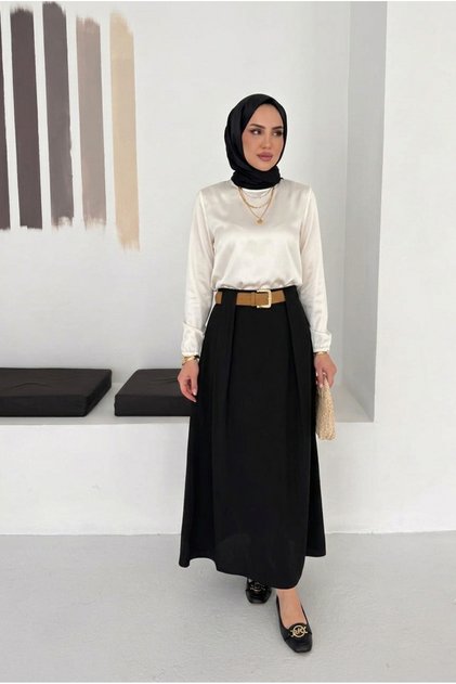 Women's High Waist Belt Detailed Pleated Long Skirt Stylish Combination Casual & Office Style