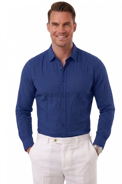 Navy Blue Striped Textured Wrinkle-Resistant Comfortable Fit Men's Shirt 2602607