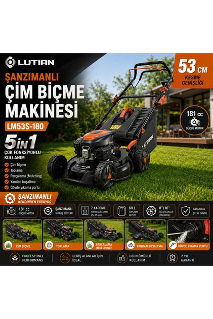 LM53S-180 Şanzımanlı Benzinli Çim Biçme Makinesi 53 cm 5in1