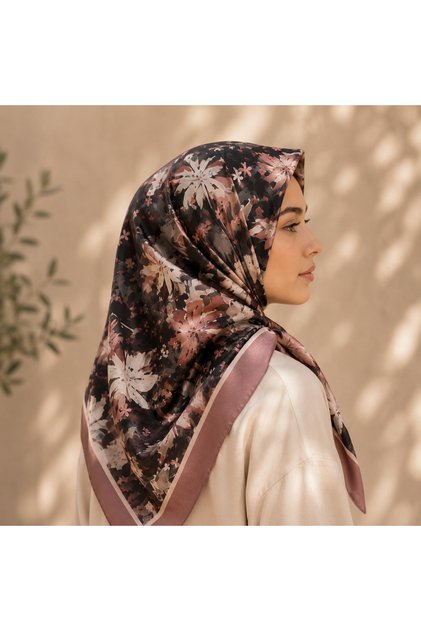 Dusty Rose Color Floral Patterned Cotton Soft Square Scarf Nazende Series