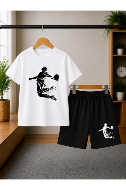 Summer White Black Slam Dunking Man Printed Set
