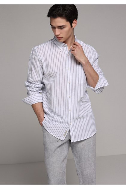 Regular Fit Shirt Neck Striped Men's Navy Blue Long Sleeve Shirt