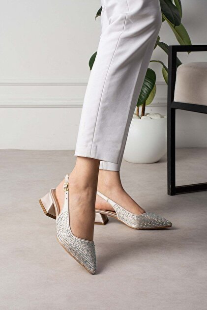 Gasiva Women's Heeled Shoes with Back Strap and Buckle, Stoned Beige Satin