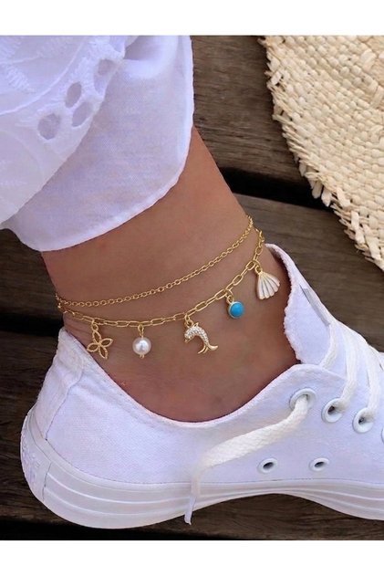 Fishy Blue Beaded Double Anklet with Dangling Ornaments