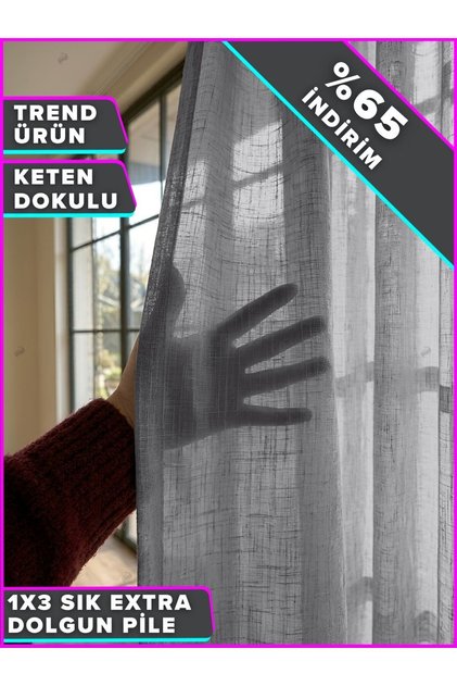 Duman Grisi Lüks Keten Dokulu 1/3 Sık Pile Zarif Tül Perde | Ütü İstemez | Dolgun Pile | Trend Ürün