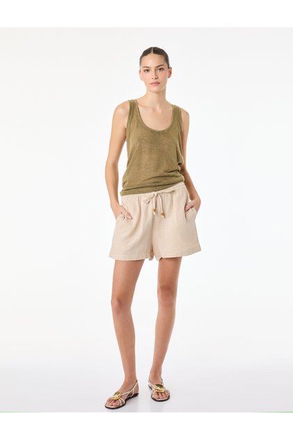 Cotton Tie-Waist Mini Muslin Shorts with Bead Detail