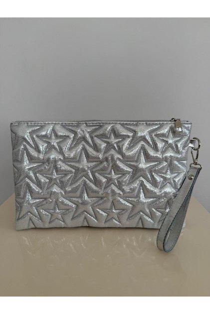 Star Stitched Clutch Star Women's Bag Silvery Metallic Star Patterned Gold Shiny Portfolio & Clutch Bag with Removable Wrist Strap