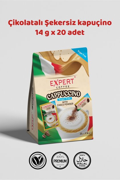 Şekersiz Kapuçino Kahve Çikolata Tozlu 20’li Paket 14gr