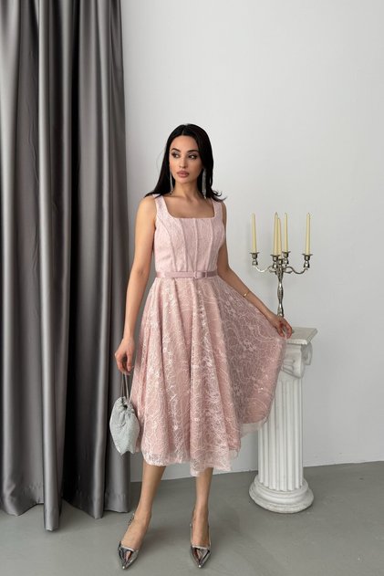 Powder Lace Embroidered Sequined Belted Square Neck Evening Dress
