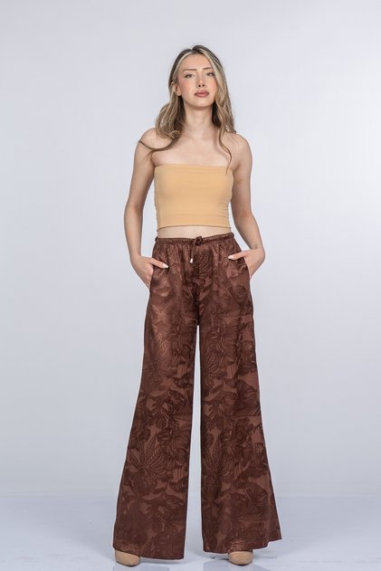 Women's Summer Coffee High Waist Stella Relaxed Cut Elastic Waist Pants Casual Office Stylish 30260