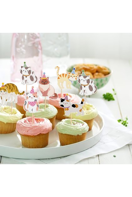 Kedi Temalı 24 Parça Cupcake Topper Pasta Süsü Doğum Günü Parti Malzemesi