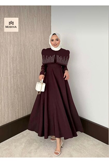 New Season!! Stone Embellished Cape Detailed Hijab Evening Dress