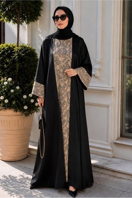 KADIN SİYAH ELBİSELİ ABAYA TAKIMI T 68014