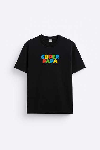 Super Papa Father's Day Printed Cotton Fabric Black T-Shirt T-Shirt