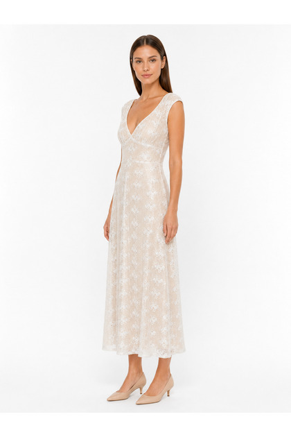 embellished beige dress Carmen Dress: Viscose Asymmetric Pleated Dress in off White – SIMOVSKA main image 0