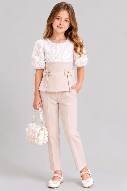 Girl's Crew Neck Blouse with 3D Rose Embroidery and Ribbon Detail, Cream Top and Bottom Set