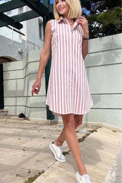 Women's Dusty Rose Vertical Striped, Sleeveless, Relaxed Fit, Cotton Midi Short Shirt Dress 3583286