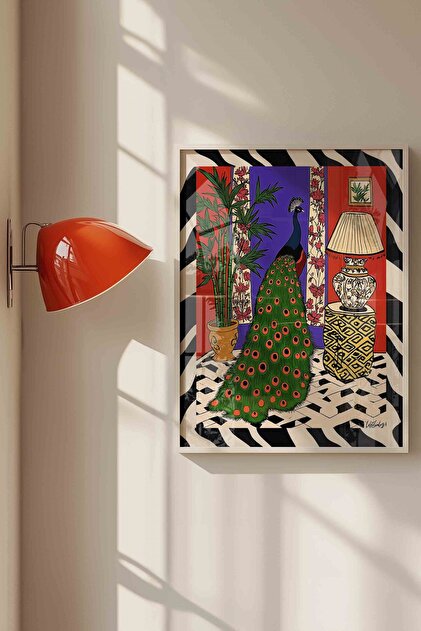 Maximalist Peacock and Eclectic Dopamine Decor - White Framed Painting