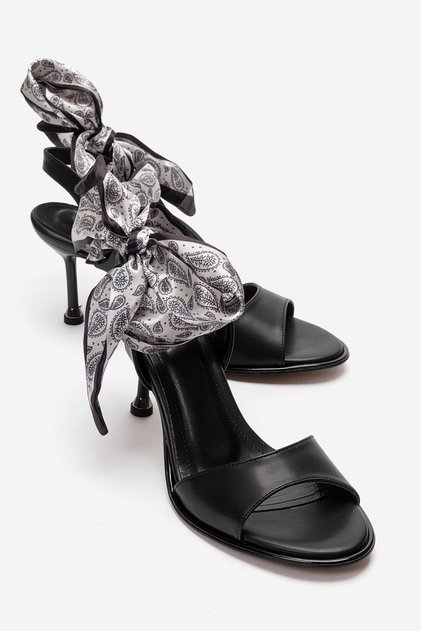 Marena Black Leather Women's Thin Heeled Shoes with Scarf