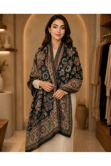 Soft Black Green Ethnic Patterned Summer Thin Crinkle Shawl