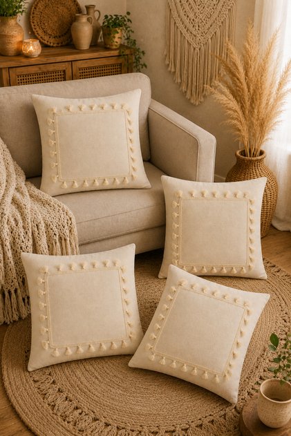 Set of 4 Natural Linen Tassel Throw Pillow Covers Bohemian Rustic Vintage Living Room Decor Decorative 4-Piece Throw Pillow Covers