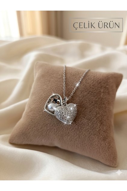 Silver Color Steel Necklace with Pearl Inside Heart