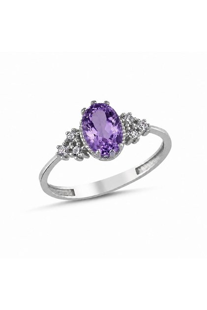 925 Ayar Gümüş Ametist Renk Oval Taşlı Pırlanta Montür Rodyum Kaplama Kadın Yüzük – Lavender Elegance
