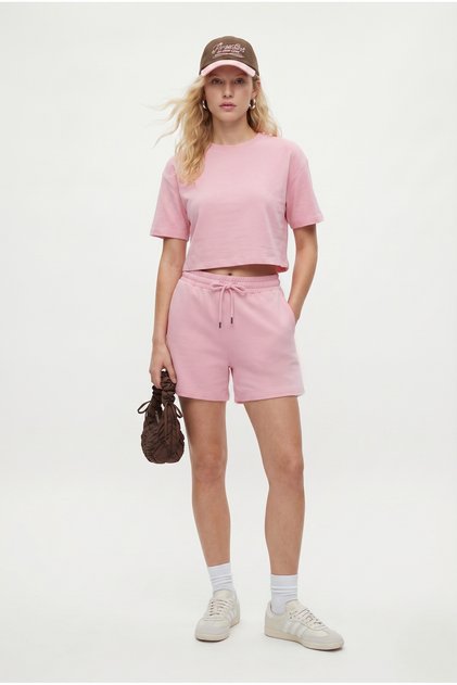 Women's Molly 100% Cotton Elastic Waist Shorts Crop T-Shirt Knitted Pink Bottom Top Set