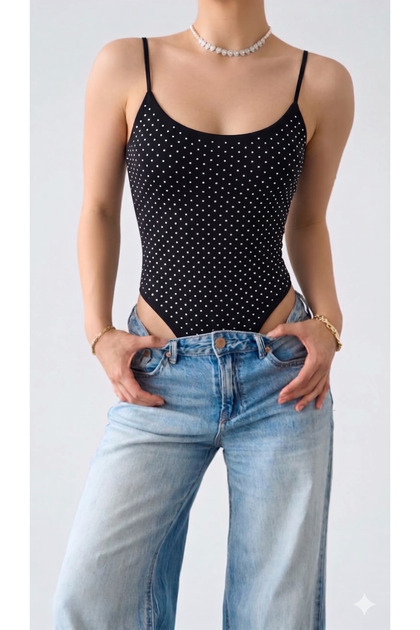 Siyah Taş Detaylı Likralı Kadın Bodysuit | Ayarlanabilir İnce Askılı