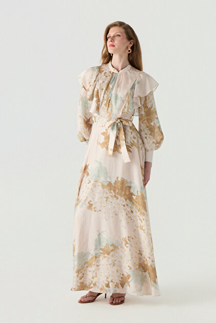 Patterned Flounced Belted Beige Dress 0576