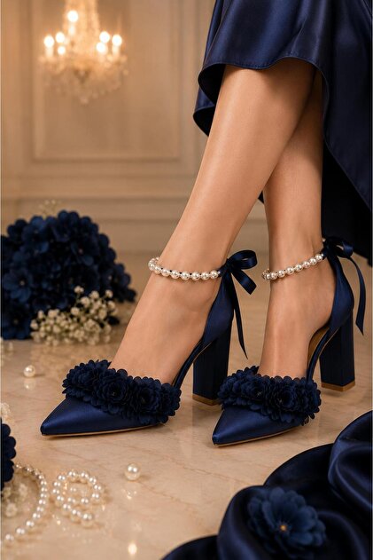 blue satin dress shoes Ludira Flower Detailed Women's Heeled Navy Evening Shoes with Pearls and Bow Evening Party Shoes Strapless Size (US):14W satin maxi dress with scarf styling Elegant Modest High-Neck A-Line these elegant navy blue