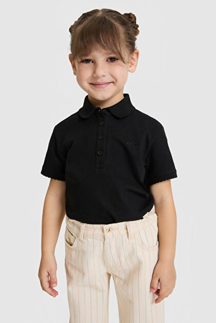Girl's Polo Collar Black Basic T-Shirt 50328218-Vr046