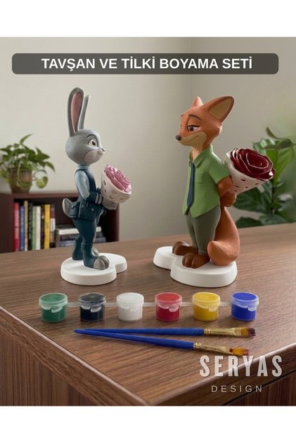 Sevgiliye Özel Tilki & Tavşan Boyama Seti 2 adet Figür 6 adet Boya 2 adet Fırça