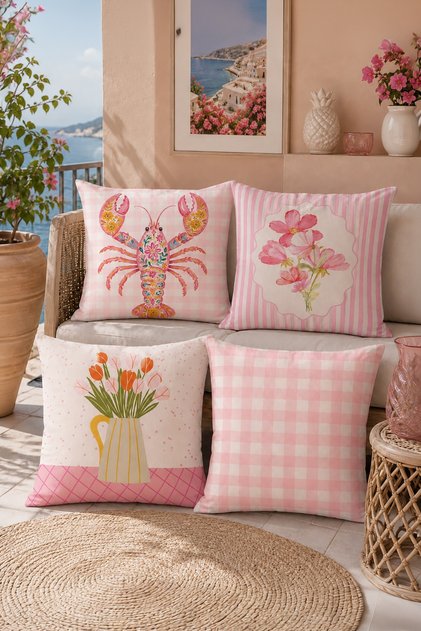 Colorful Lobster Patterned 4-Piece Throw Pillow Cover Set